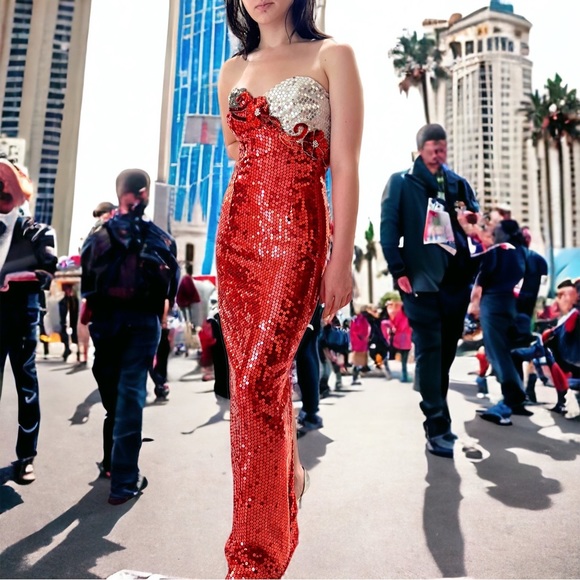 Vintage Las Vegas Alyce Designs Red Sequin Evening Gown Strapless 1980-1990s - Picture 3 of 16